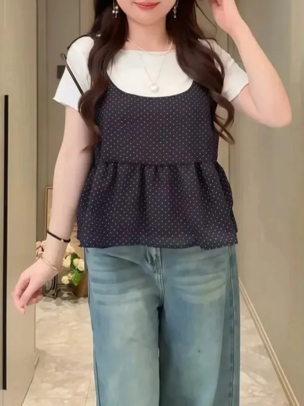 plus Size Women's Polka Dot Short Sleeve T-Shirt Set Korean Style Slimming Top Pure Color Layering Summer Fashion Outfit
plus Size Women's Polka Dot Short Sleeve T-Shirt Set Korean Style Slimming Top Pure Color Layering Summer Fashion Outfit