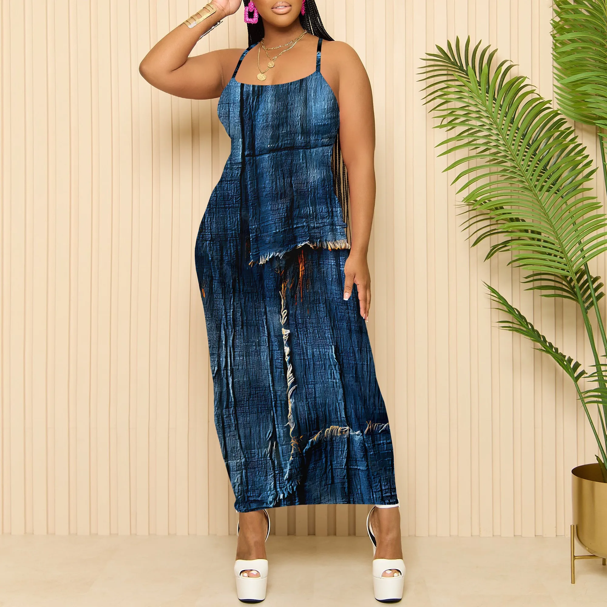 Denim Print Spaghetti Strap Bodycon Dress Ripped Effect Casual Street Fashion
Denim Print Spaghetti Strap Bodycon Dress Ripped Effect Casual Street Fashion