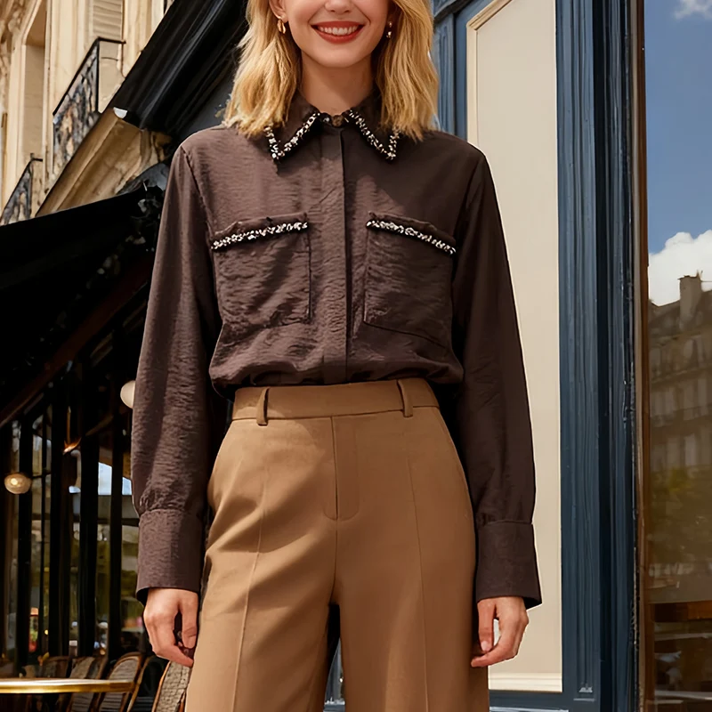 Элегантный офисный топ с карманами, женская блузка с твидовым воротником, рубашка на пуговицах с длинными рукавами
Элегантный офисный топ с карманами, женская блузка с твидовым воротником, рубашка на пуговицах с длинными рукавами