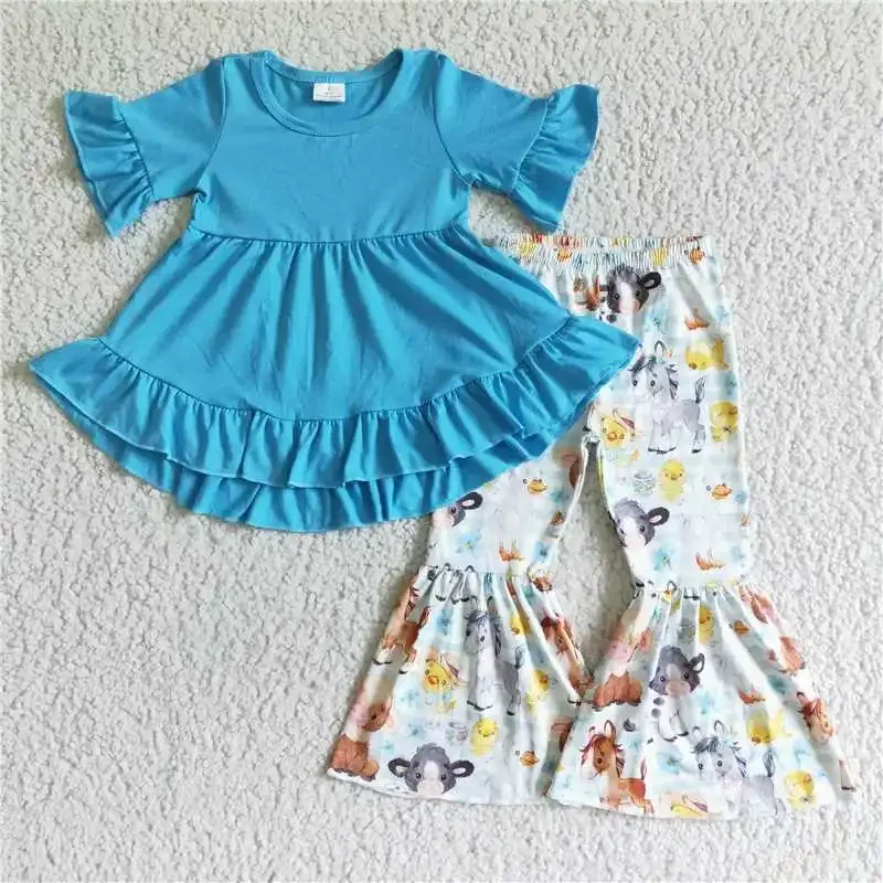 2022 RTS Toddlers Western Baby Girls Blue Cotton Sleeve Short Shirt A Lot Of Little Animals Print Bell Bottom Hot Sale For Kids
2022 RTS Toddlers Western Baby Girls Blue Cotton Sleeve Short Shirt A Lot Of Little Animals Print Bell Bottom Hot Sale For Kids