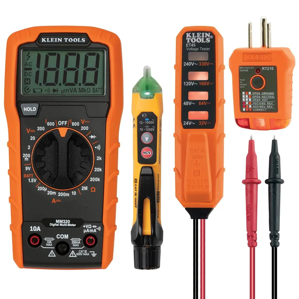 Digital Multimeter Kit with Voltage Tester, Receptacle Tester, Case & Batteries for Electrical Testing
Digital Multimeter Kit with Voltage Tester, Receptacle Tester, Case & Batteries for Electrical Testing
