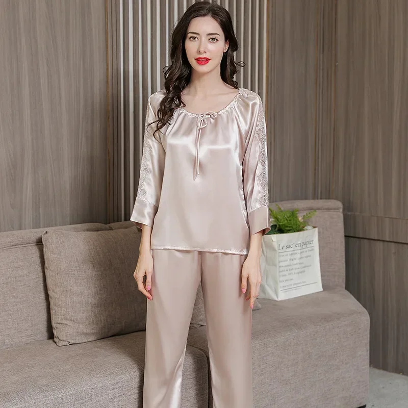 Lace Mulberry Silk Girl Pajama Set Women's Summer Nightwear Set Long-sleeved Two-piece Suit Spring and Autumn Sleepwear Pajamas
Lace Mulberry Silk Girl Pajama Set Women's Summer Nightwear Set Long-sleeved Two-piece Suit Spring and Autumn Sleepwear Pajamas