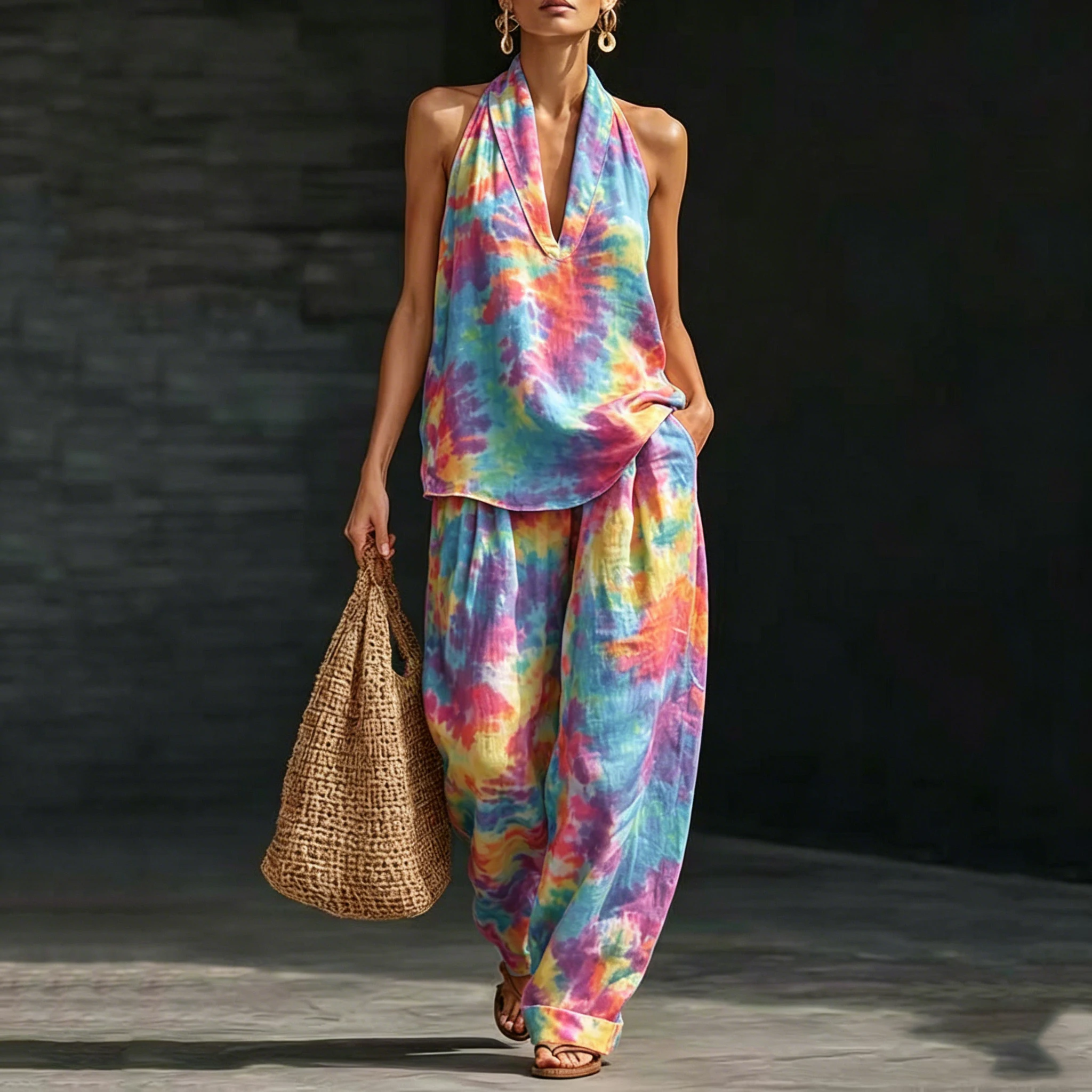 Tie Dye Print Women Two Piece Sets Outfits Summer Halter Neck Sleeveless V-Neck Top & Casual Loose Wide Leg Pants Set Outfit
Tie Dye Print Women Two Piece Sets Outfits Summer Halter Neck Sleeveless V-Neck Top & Casual Loose Wide Leg Pants Set Outfit