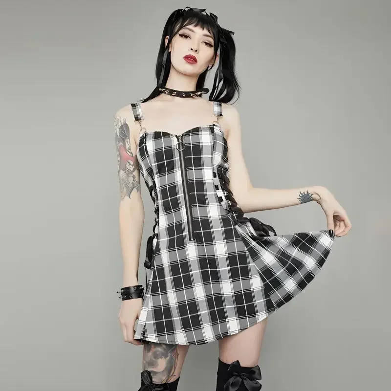 2025 Gothic Plaid Bandage Black Blue Dress Women Vintage Sleeveless Zipper Sexy Mini Dress Punk Aesthetic Summer A Line Dress
2025 Gothic Plaid Bandage Black Blue Dress Women Vintage Sleeveless Zipper Sexy Mini Dress Punk Aesthetic Summer A Line Dress