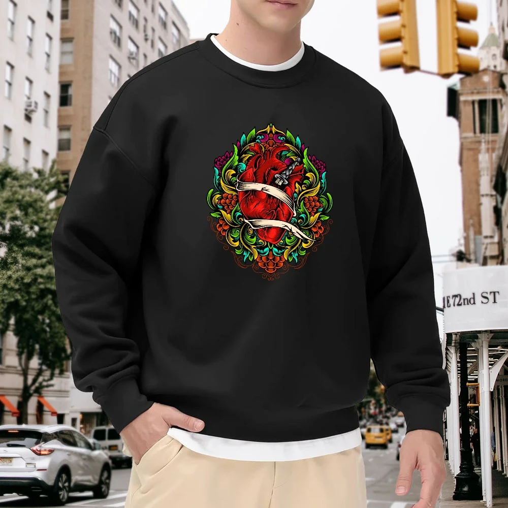 Men's Black Crew Neck Pullover Sweatshirt with Colorful Heart Print, Loose Fit Top, Street Fashion Casual Versatile Style, Comfortable Sweatshirt for Everyday Wear and Sports
Men's Black Crew Neck Pullover Sweatshirt with Colorful Heart Print, Loose Fit Top, Street Fashion Casual Versatile Style, Comfortable Sweatshirt for Everyday Wear and Sports