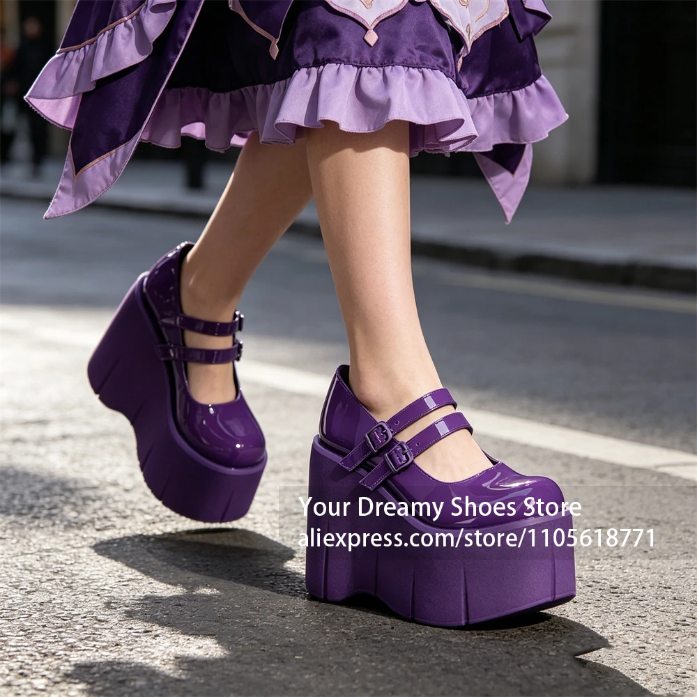 Patent Leather Double Buckle Mary Jane Platform Wedge Heels Round Toe Chunky Sole Deep Purple Sweet Lolita Dress Shoes for Women
Patent Leather Double Buckle Mary Jane Platform Wedge Heels Round Toe Chunky Sole Deep Purple Sweet Lolita Dress Shoes for Women