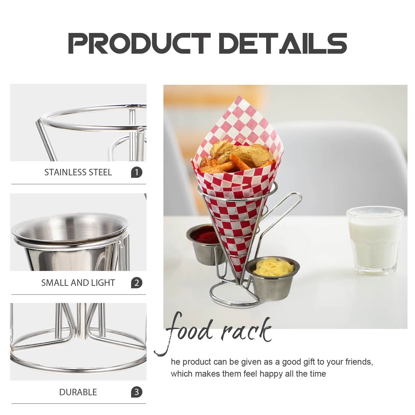 1Set French Fry Stand Cone Basket Stainless Steel Food Holder Snack Basket Sauce Dippers for Restaurant Kitchen
1Set French Fry Stand Cone Basket Stainless Steel Food Holder Snack Basket Sauce Dippers for Restaurant Kitchen