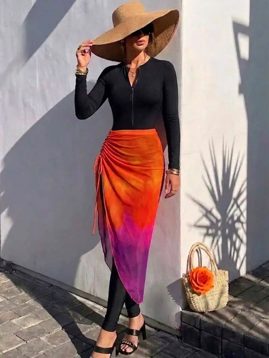Womens Black Long Sleeve Zipper Top With Tie Dye Wrap Skirt Beach Outfit
Womens Black Long Sleeve Zipper Top With Tie Dye Wrap Skirt Beach Outfit