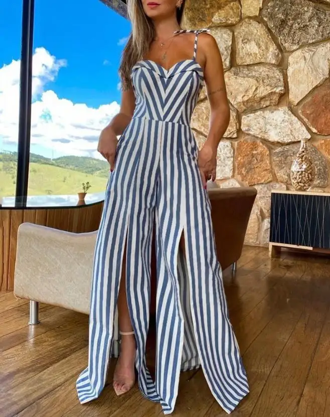 Tourist style women's striped suspender with elastic waistband, printed split wide leg jumpsuit
Tourist style women's striped suspender with elastic waistband, printed split wide leg jumpsuit