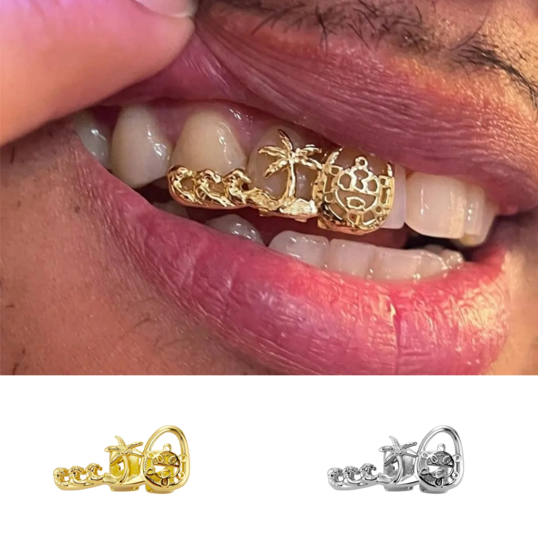 Tropical Paradise 3D Custom Grillz Jewelry with Ocean Waves Palm Tree & Ship Wheel Design - Unique Summer Holiday Gift for Men
Tropical Paradise 3D Custom Grillz Jewelry with Ocean Waves Palm Tree & Ship Wheel Design - Unique Summer Holiday Gift for Men