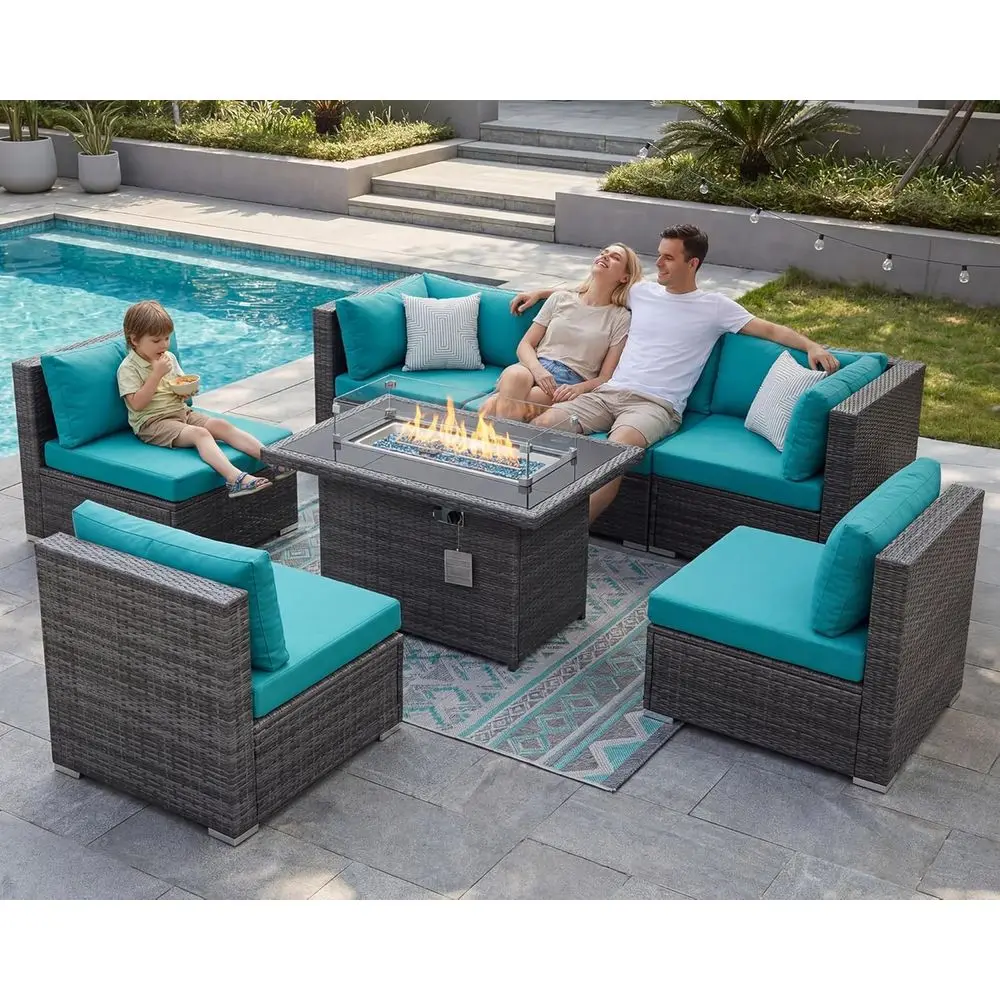 7-Piece Large Outdoor Patio Furniture Set with Propane Fire Pit, High-Back Wicker Sectional Sofas, Deep Seating, Turquoise
7-Piece Large Outdoor Patio Furniture Set with Propane Fire Pit, High-Back Wicker Sectional Sofas, Deep Seating, Turquoise