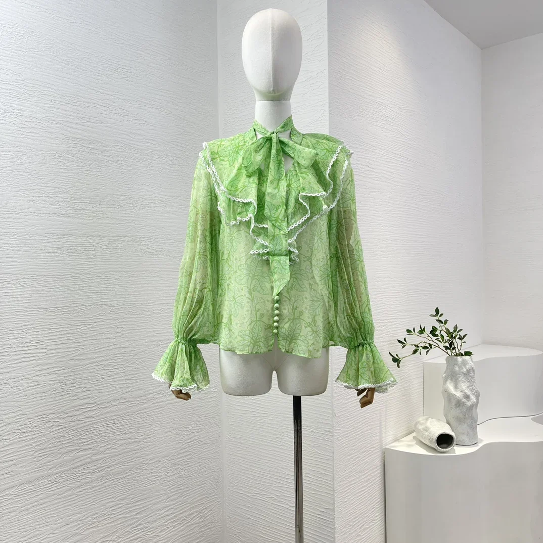 Light Green Flouncing Ruffle Long Sleeve Leaf Print Silk Blouse Tops Women Shirt
Light Green Flouncing Ruffle Long Sleeve Leaf Print Silk Blouse Tops Women Shirt
