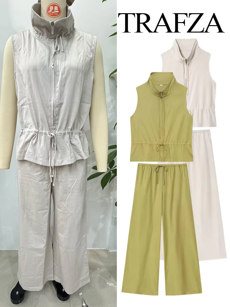 TRAZFA Women Fashion Versatile Turtleneck Zipper Loose Sleeveless Lace Up Top Waistcoat+Causal Drawstring Wide Leg Pants Suit
TRAZFA Women Fashion Versatile Turtleneck Zipper Loose Sleeveless Lace Up Top Waistcoat+Causal Drawstring Wide Leg Pants Suit