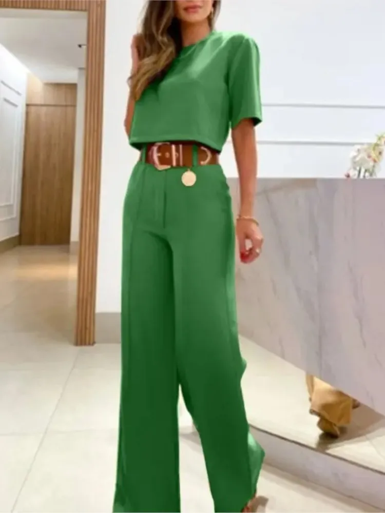 2 Piece Sets Woman outfit Spring Summer 2-Pcs for Women's Solid O Neck Short Sleeve T Shirt High Waist Wide Leg Pants Casual Set
2 Piece Sets Woman outfit Spring Summer 2-Pcs for Women's Solid O Neck Short Sleeve T Shirt High Waist Wide Leg Pants Casual Set