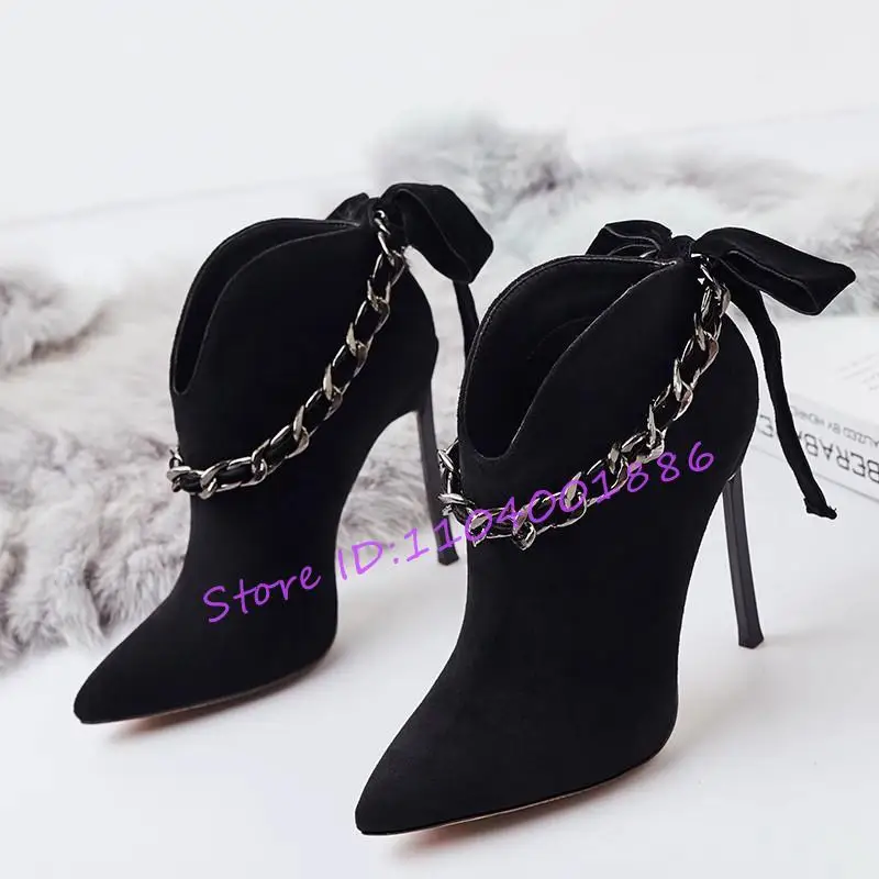 Suede Bow Knot Pointed Toe Boots for Women Sexy Metal Chain 10CM High Heels Elegant Ladies Slip On Party Dress Shoes Large Size
Suede Bow Knot Pointed Toe Boots for Women Sexy Metal Chain 10CM High Heels Elegant Ladies Slip On Party Dress Shoes Large Size