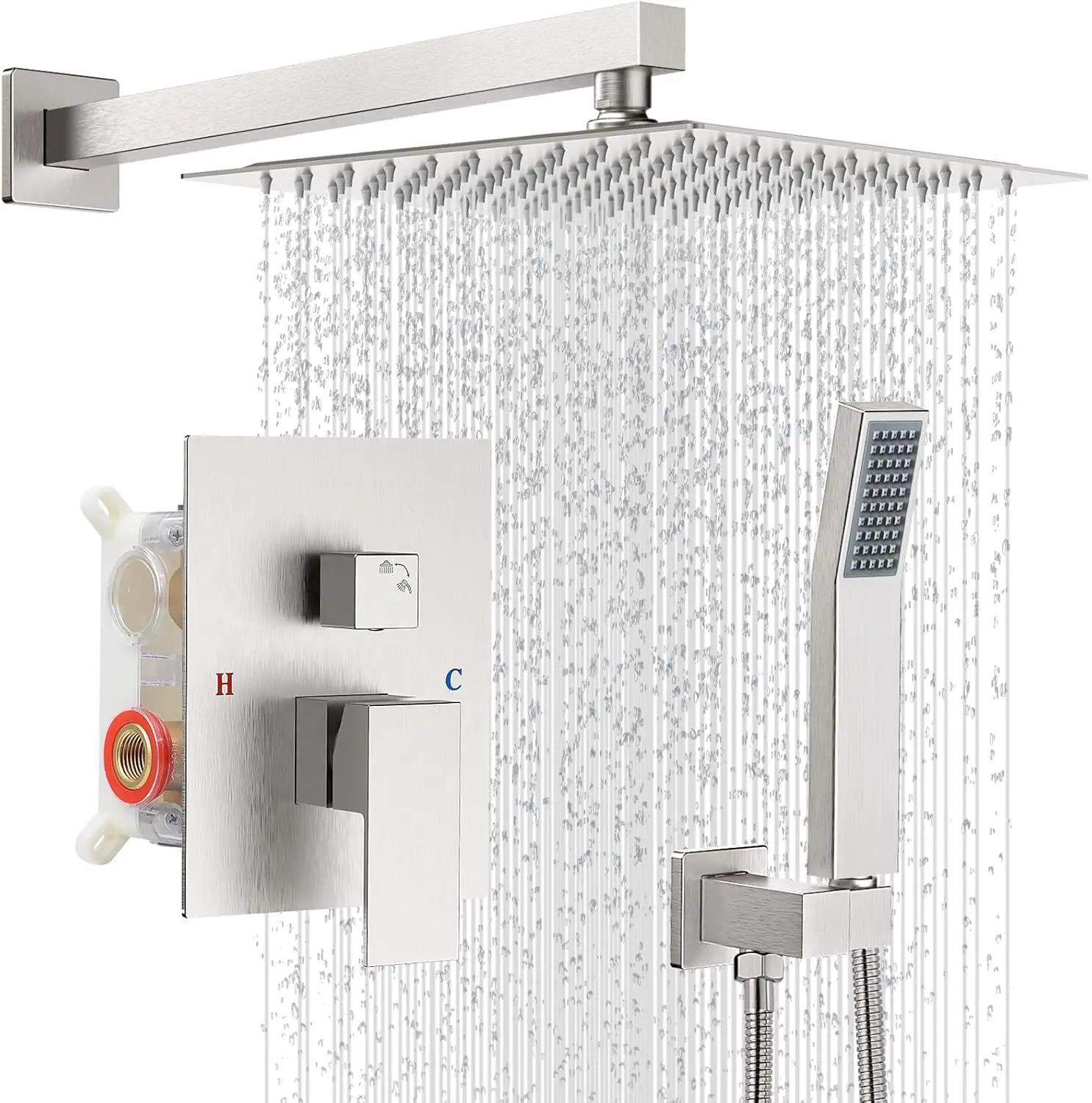 10 Inch Square Rainfall Shower Head Set with Single Handle, Wall Mount Faucet in Brush Nickel Finish
10 Inch Square Rainfall Shower Head Set with Single Handle, Wall Mount Faucet in Brush Nickel Finish