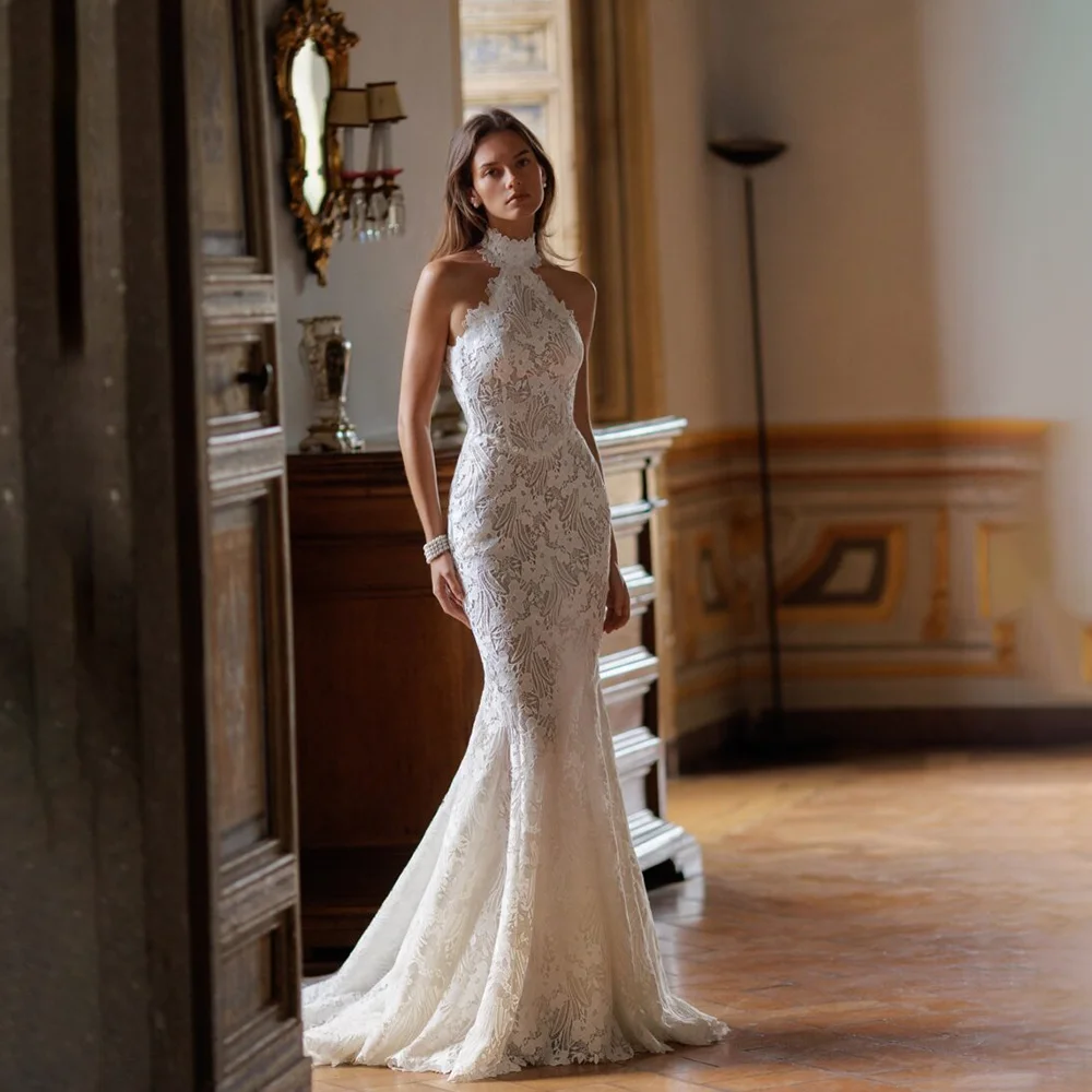 Halter Mermaid Wedding Dress Vintage Full Lace Sleeveless Open Back Bridal Gown Chapel Train Custom Size Wedding Bridal Dresses
Halter Mermaid Wedding Dress Vintage Full Lace Sleeveless Open Back Bridal Gown Chapel Train Custom Size Wedding Bridal Dresses