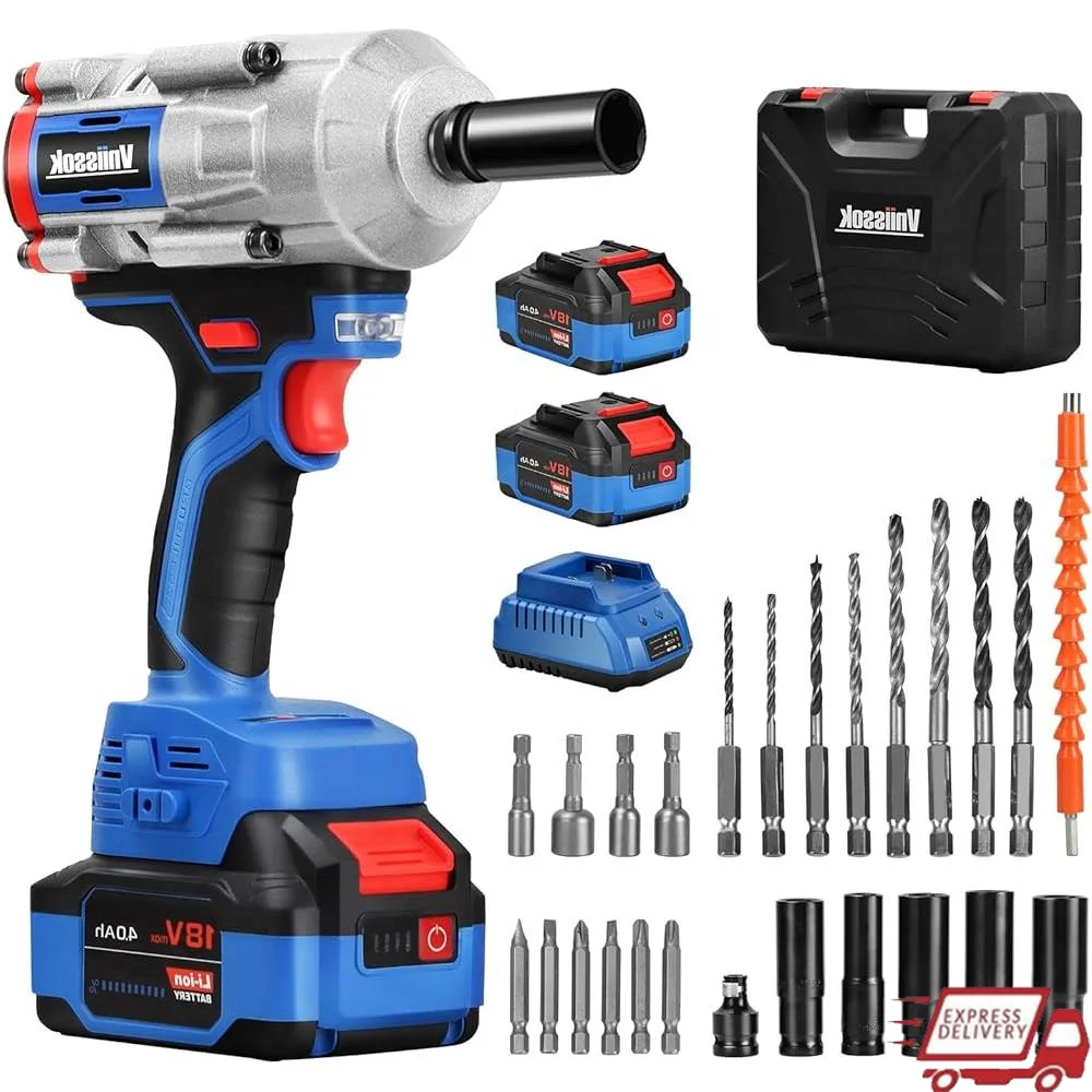 Cordless Impact Wrench 1000N m High Torque Brushless Electric Driver with 2x4 0Ah Batteriescharger LED Light Adjustable Speed
Cordless Impact Wrench 1000N m High Torque Brushless Electric Driver with 2x4 0Ah Batteriescharger LED Light Adjustable Speed