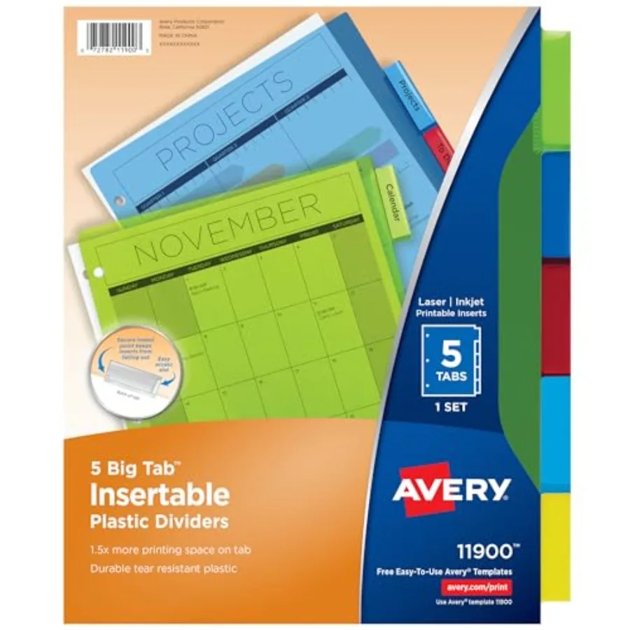 Dividers for 3 Ring Binders, 5-Tab Plastic Binder Dividers, Insertable Big Tabs, Multicolor, 1 Set 11900
Dividers for 3 Ring Binders, 5-Tab Plastic Binder Dividers, Insertable Big Tabs, Multicolor, 1 Set 11900