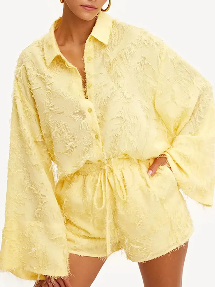 Spring Autumn New Solid Loose Commute Outfits Elegant Jacquard Tassel Shirts & Lace Up Shorts Sets Leisure Stylish Women's Sets
Spring Autumn New Solid Loose Commute Outfits Elegant Jacquard Tassel Shirts & Lace Up Shorts Sets Leisure Stylish Women's Sets