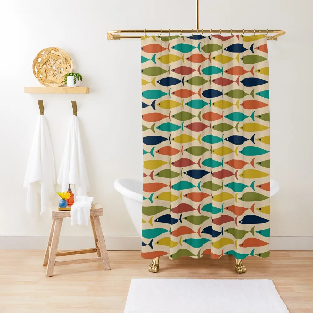 Midcentury Modern Multicolored Fish Pattern in Mid Mod Turquoise Teal, Olive, Orange, Mustard, and Beige Shower Curtain
Midcentury Modern Multicolored Fish Pattern in Mid Mod Turquoise Teal, Olive, Orange, Mustard, and Beige Shower Curtain