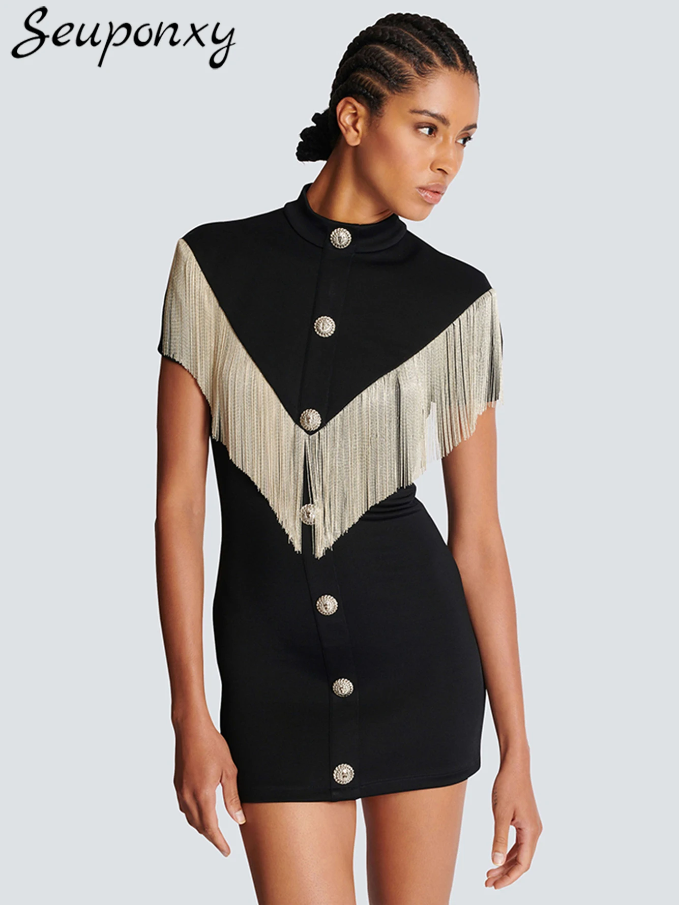 High Quality Women'S Sexy Standing Neck Short Sleeved Diamond Tassel Single Breasted Bandage Mini Dress Elegant Party Vestidos
High Quality Women'S Sexy Standing Neck Short Sleeved Diamond Tassel Single Breasted Bandage Mini Dress Elegant Party Vestidos