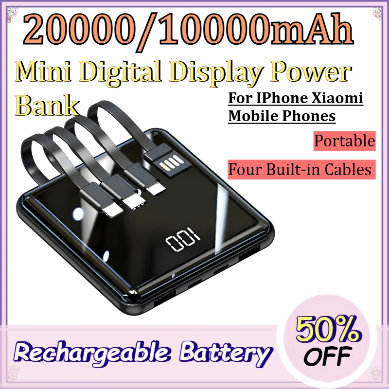 20000/10000mAh Mini Digital Display Power Bank for IPhone Xiaomi Mobile Phones Portable Power Bank with Four Built-in Cables
20000/10000mAh Mini Digital Display Power Bank for IPhone Xiaomi Mobile Phones Portable Power Bank with Four Built-in Cables