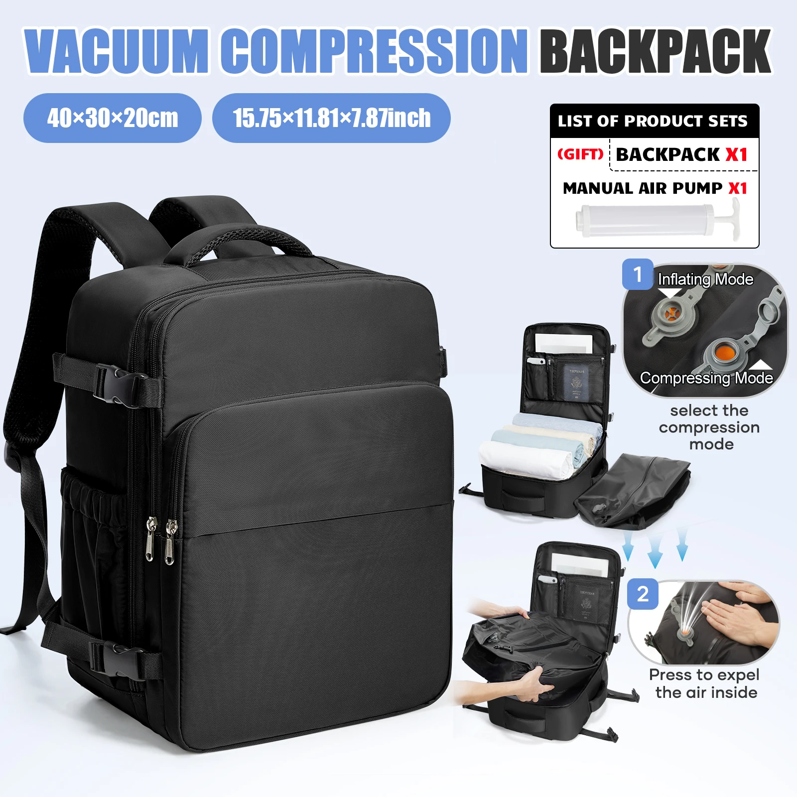 Backpack 40x30x20 Airplane, Ryanair Hand Luggage with Vacuum Compression Bag, Women's Backpack Vacuum Backpack,Laptop Backpack
Backpack 40x30x20 Airplane, Ryanair Hand Luggage with Vacuum Compression Bag, Women's Backpack Vacuum Backpack,Laptop Backpack