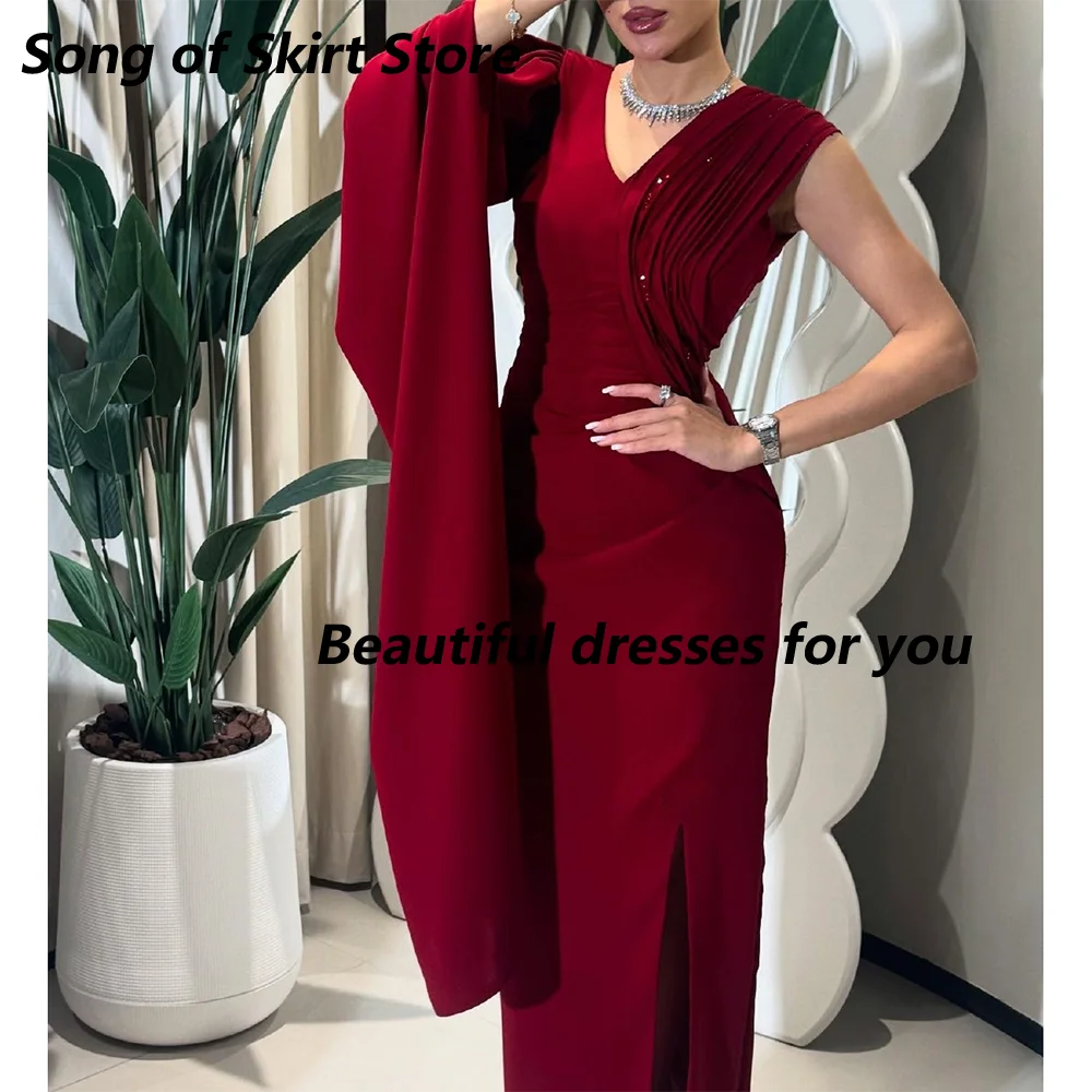 One Shoulder Red Evening Dress Customized V Neck Long Sleeves Jersey Slit Mermaid Saudi Arab Prom Gown Formal Occasion Gown
One Shoulder Red Evening Dress Customized V Neck Long Sleeves Jersey Slit Mermaid Saudi Arab Prom Gown Formal Occasion Gown