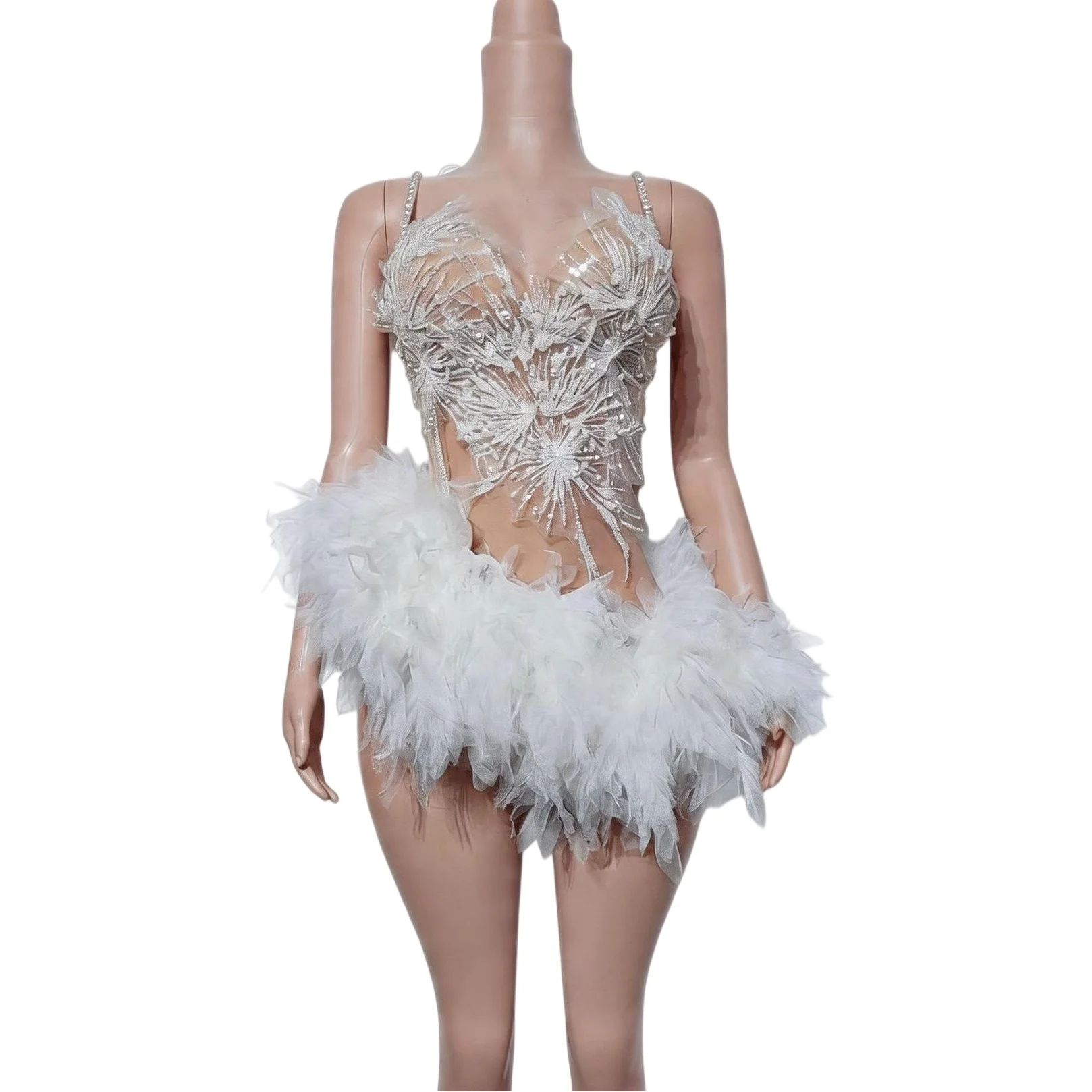 Sexy White Sparkly Rhinestone Sequins Feather Spaghetti Strap Mesh Bodysuit Women Party Stage Show Event Dance Bodysuit Bingcha
Sexy White Sparkly Rhinestone Sequins Feather Spaghetti Strap Mesh Bodysuit Women Party Stage Show Event Dance Bodysuit Bingcha