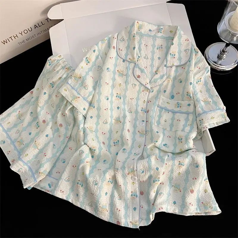 Summer Short Sleeve Sleepwear Women's Bubble Gauze Pleated Cardigan Sweet Little Cherry Thin Home Clothes Set Casual Style 37 S19595960c5cd4f468a3a206a8d5bd564R