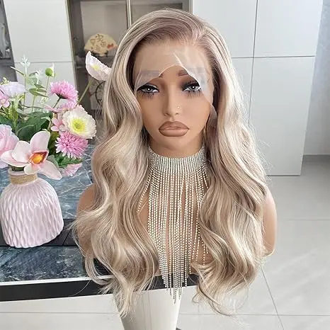 Ash Blonde Wigs with Brown Highlight 13x4 Lace Front Wig Long Loose Body Wave Synthetic Fiber Hair 22Inch for Women
Ash Blonde Wigs with Brown Highlight 13x4 Lace Front Wig Long Loose Body Wave Synthetic Fiber Hair 22Inch for Women