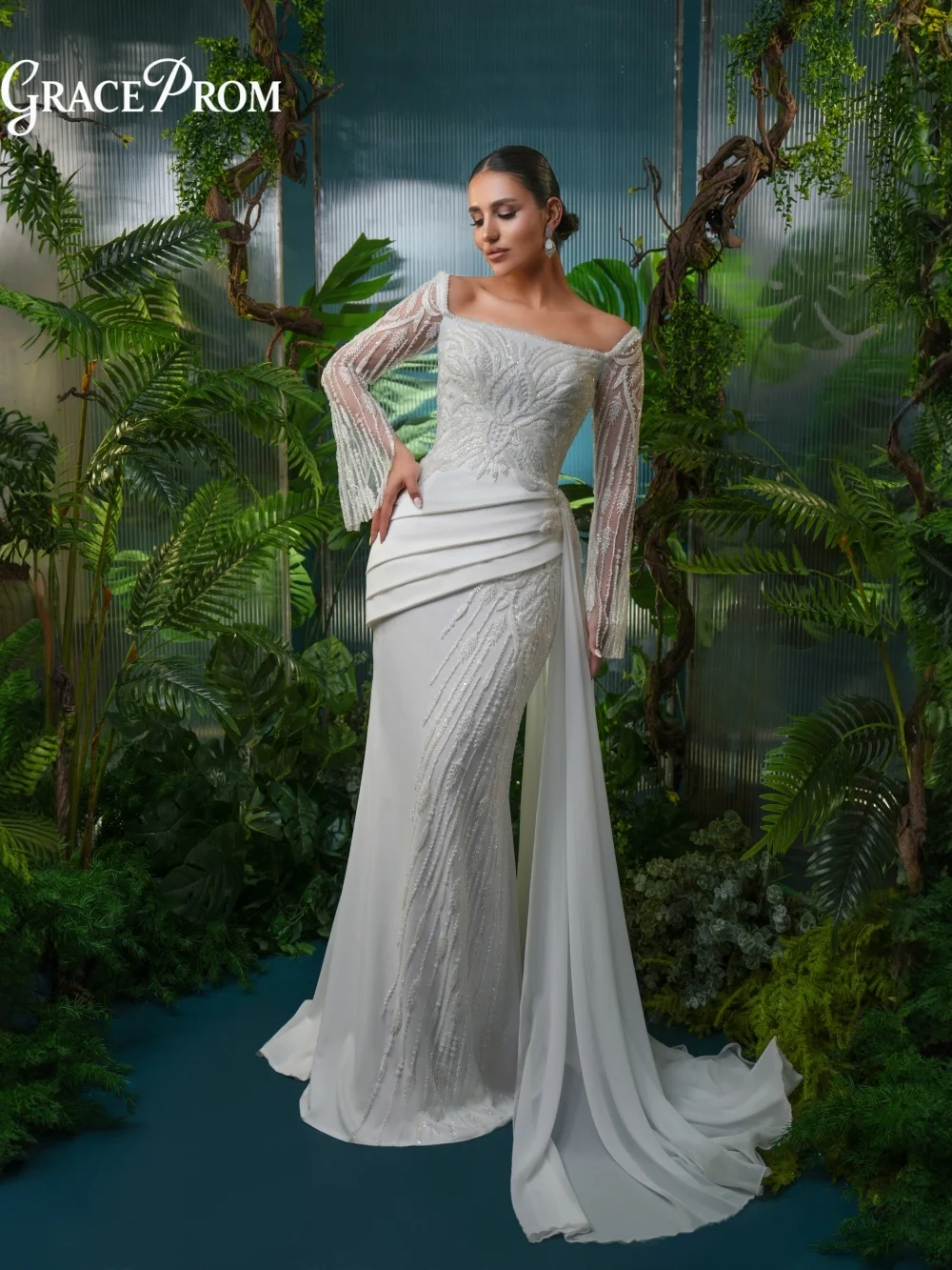 Dazzling Cream Crystal Party Dress 2026 Wide Off Shoulder Neckline Draped Side Panel Evening Gown For Wedding Guests فساتين سهرة
Dazzling Cream Crystal Party Dress 2026 Wide Off Shoulder Neckline Draped Side Panel Evening Gown For Wedding Guests فساتين سهرة