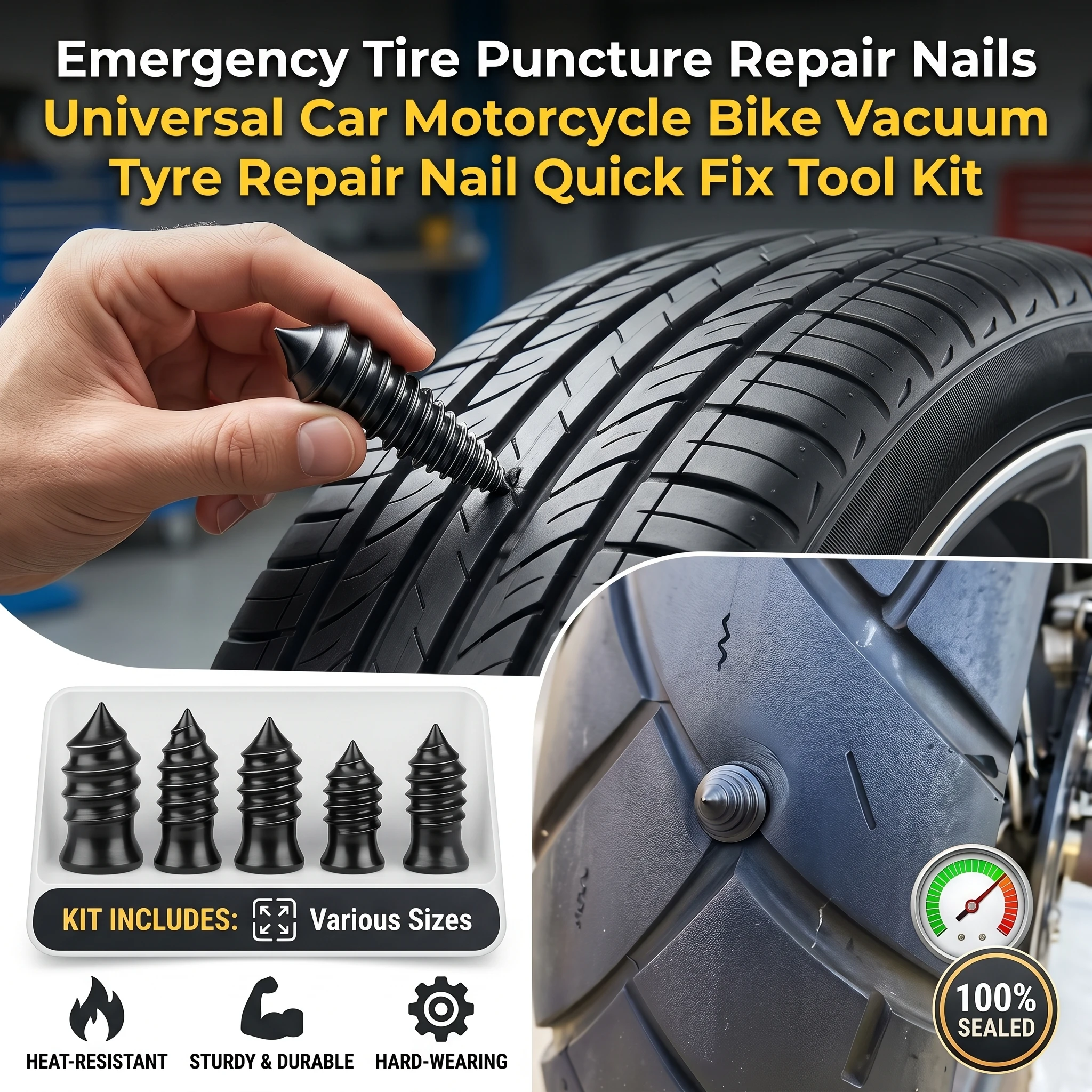 Emergency Tire Puncture Repair Nails Universal Car Motorcycle Bike Vacuum Tyre Repair Nail Quick Fix Tool Kit
Emergency Tire Puncture Repair Nails Universal Car Motorcycle Bike Vacuum Tyre Repair Nail Quick Fix Tool Kit