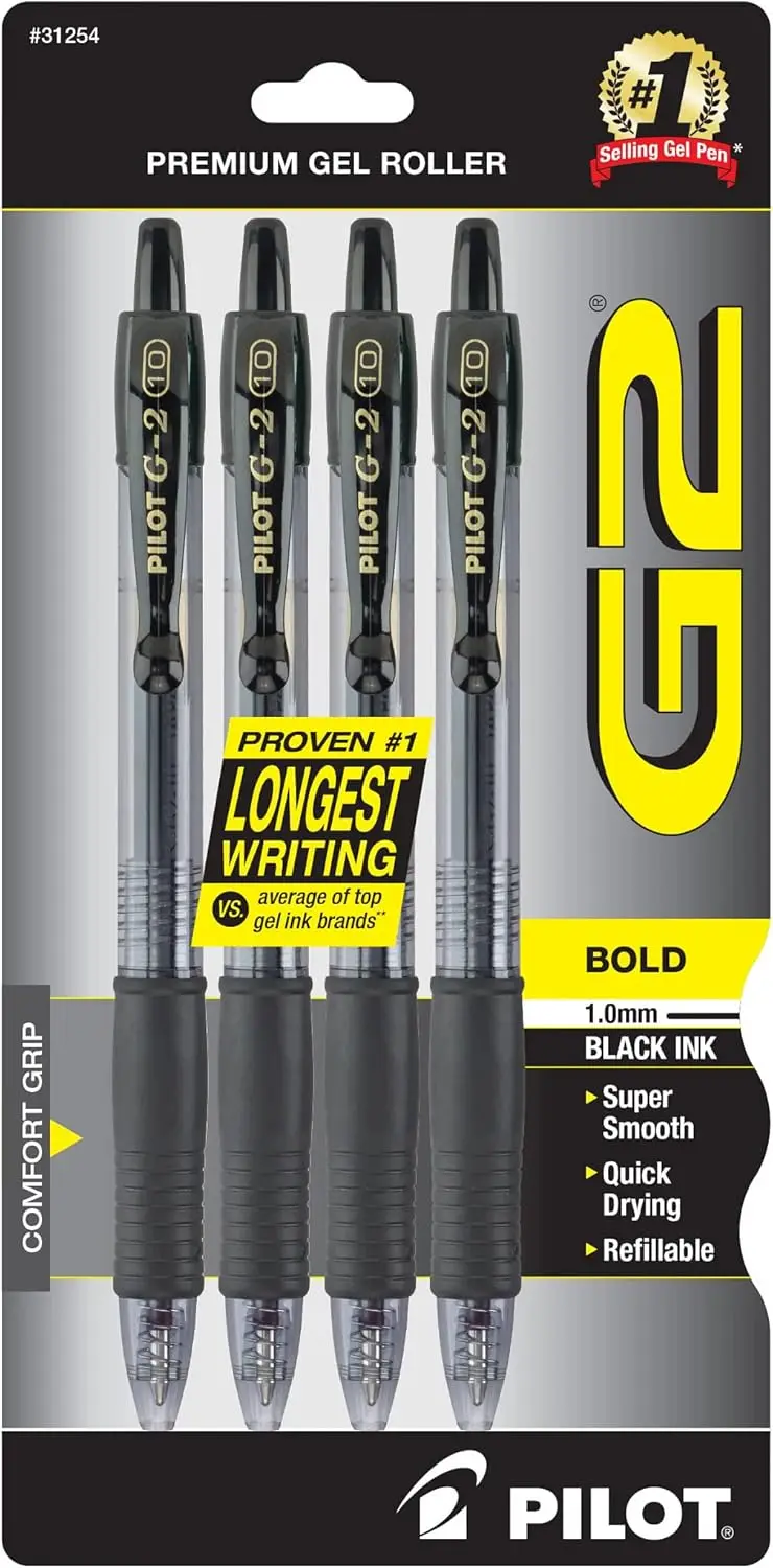 Bold Point Retractable Gel Pens, 1.0 mm Black Ink, Smooth Writing, 4-Pack
Bold Point Retractable Gel Pens, 1.0 mm Black Ink, Smooth Writing, 4-Pack
