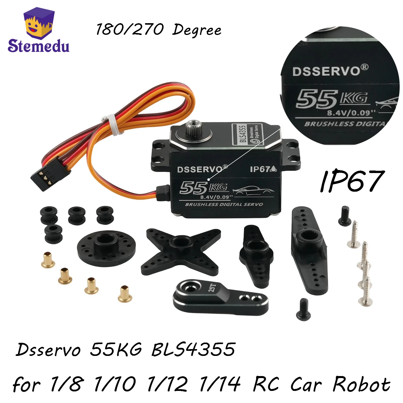 Dsservo 55KG BLS4355 Low-profile All Metal Brushless Digital Servo 180/270° with 25T Arm for 1/8 1/10 1/12 1/14 RC Car Robot
Dsservo 55KG BLS4355 Low-profile All Metal Brushless Digital Servo 180/270° with 25T Arm for 1/8 1/10 1/12 1/14 RC Car Robot