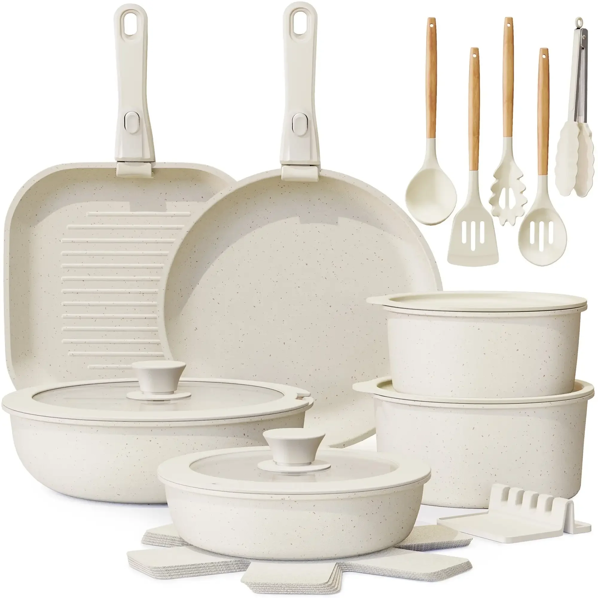 22 Piece Ceramic Pots and Pans Set Non Stick, Cookware Set with Detachable Handles, Oven Safe, Induction Ready
22 Piece Ceramic Pots and Pans Set Non Stick, Cookware Set with Detachable Handles, Oven Safe, Induction Ready