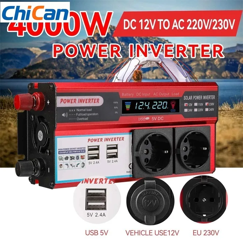 【Upgraded】4000W Power Inverter DC 12V To AC 220V 230V Transformer with 4 USB EU Socket Charge with LED Display
【Upgraded】4000W Power Inverter DC 12V To AC 220V 230V Transformer with 4 USB EU Socket Charge with LED Display