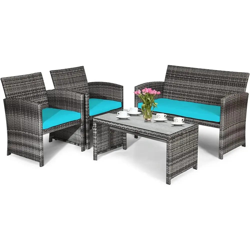 4-Piece Outdoor Patio Set with Cushions, Rattan PE Wicker Coffee Table and Sofa Chairs for Garden, Poolside, Porch, or Backyard
4-Piece Outdoor Patio Set with Cushions, Rattan PE Wicker Coffee Table and Sofa Chairs for Garden, Poolside, Porch, or Backyard