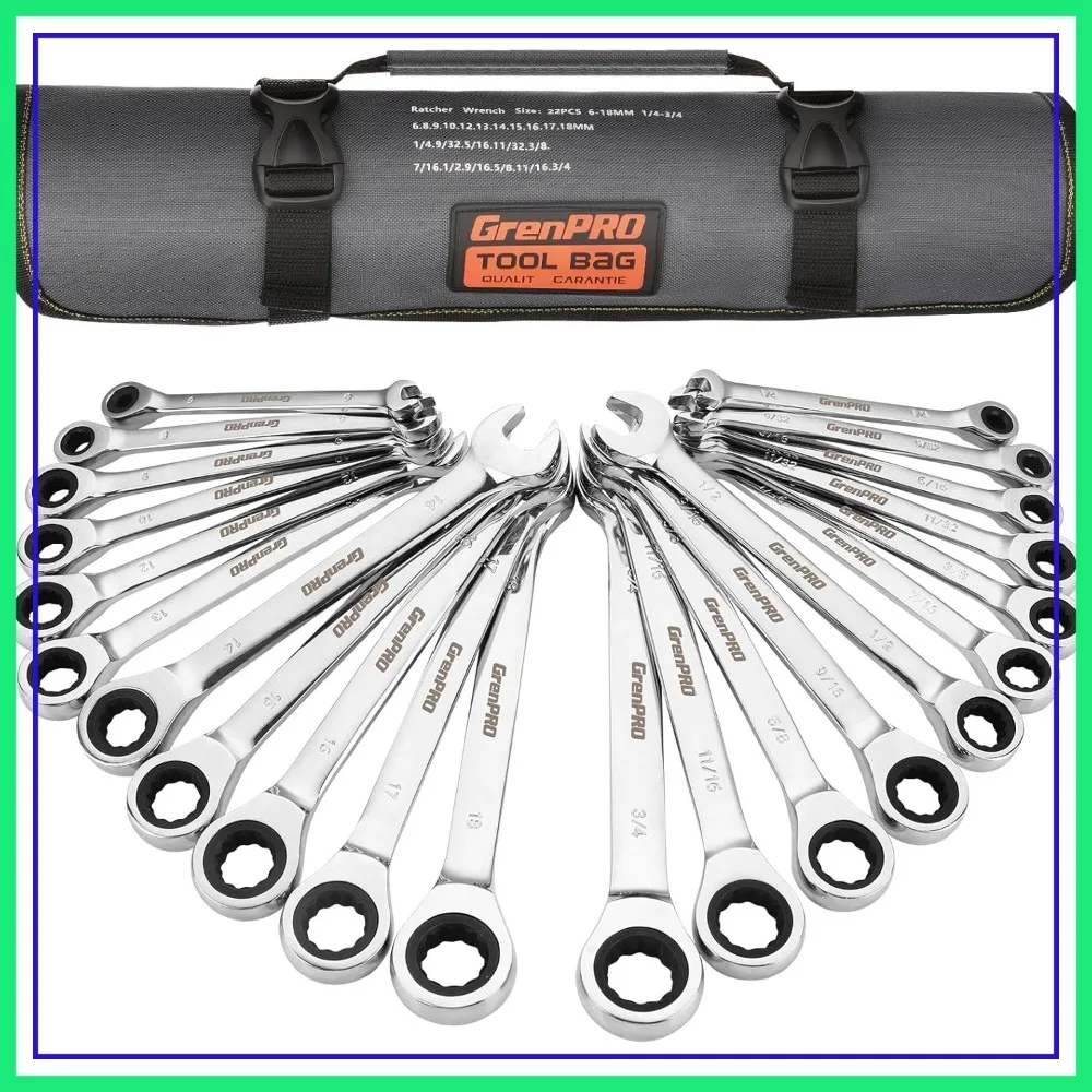 22-Piece Ratcheting Wrench Set, SAE & Metric, 1/4" to 3/4" & 6-18mm, 72-Tooth Long Open End, Roll-Up Pouch
22-Piece Ratcheting Wrench Set, SAE & Metric, 1/4" to 3/4" & 6-18mm, 72-Tooth Long Open End, Roll-Up Pouch