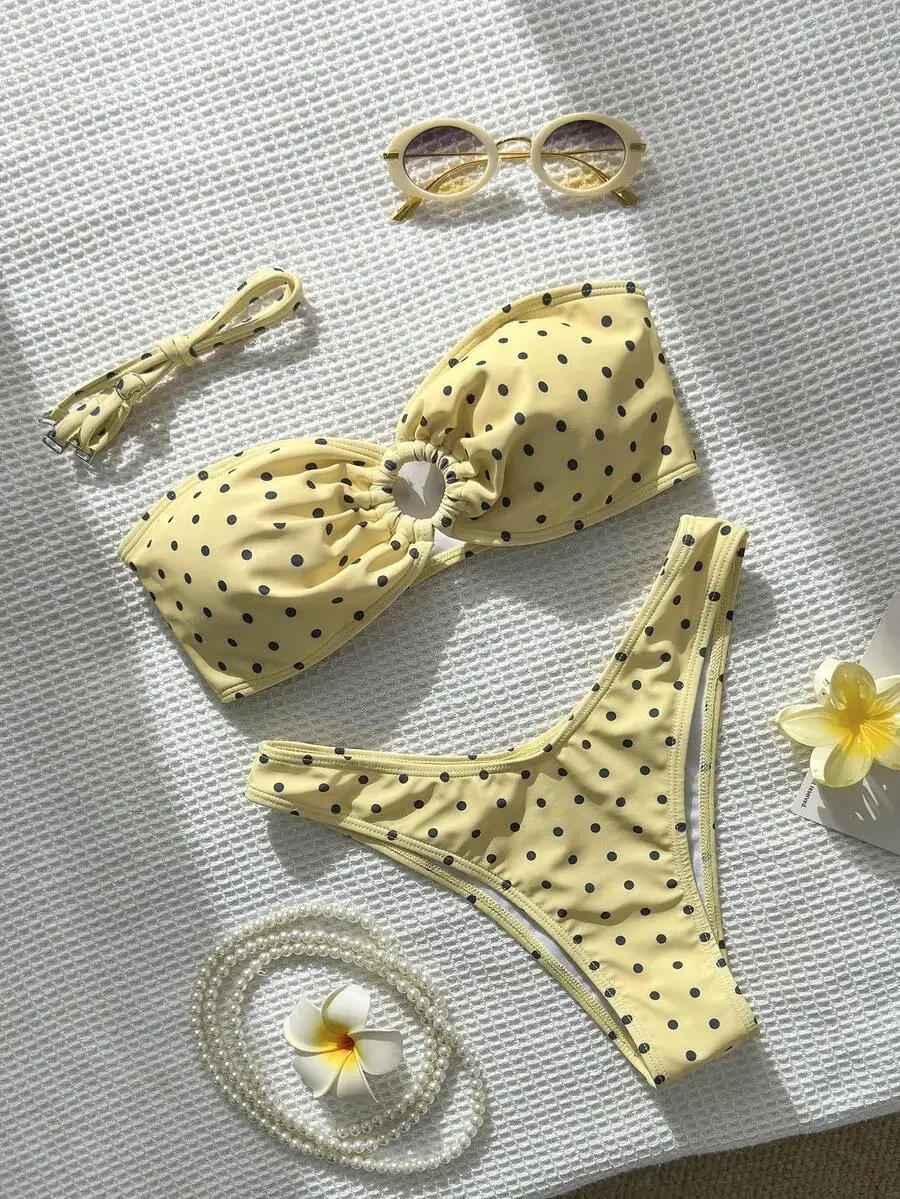 Womens Strapless Polka Dot Two Piece Bikini Set Yellow Black Dot Beach Swimwear
Womens Strapless Polka Dot Two Piece Bikini Set Yellow Black Dot Beach Swimwear