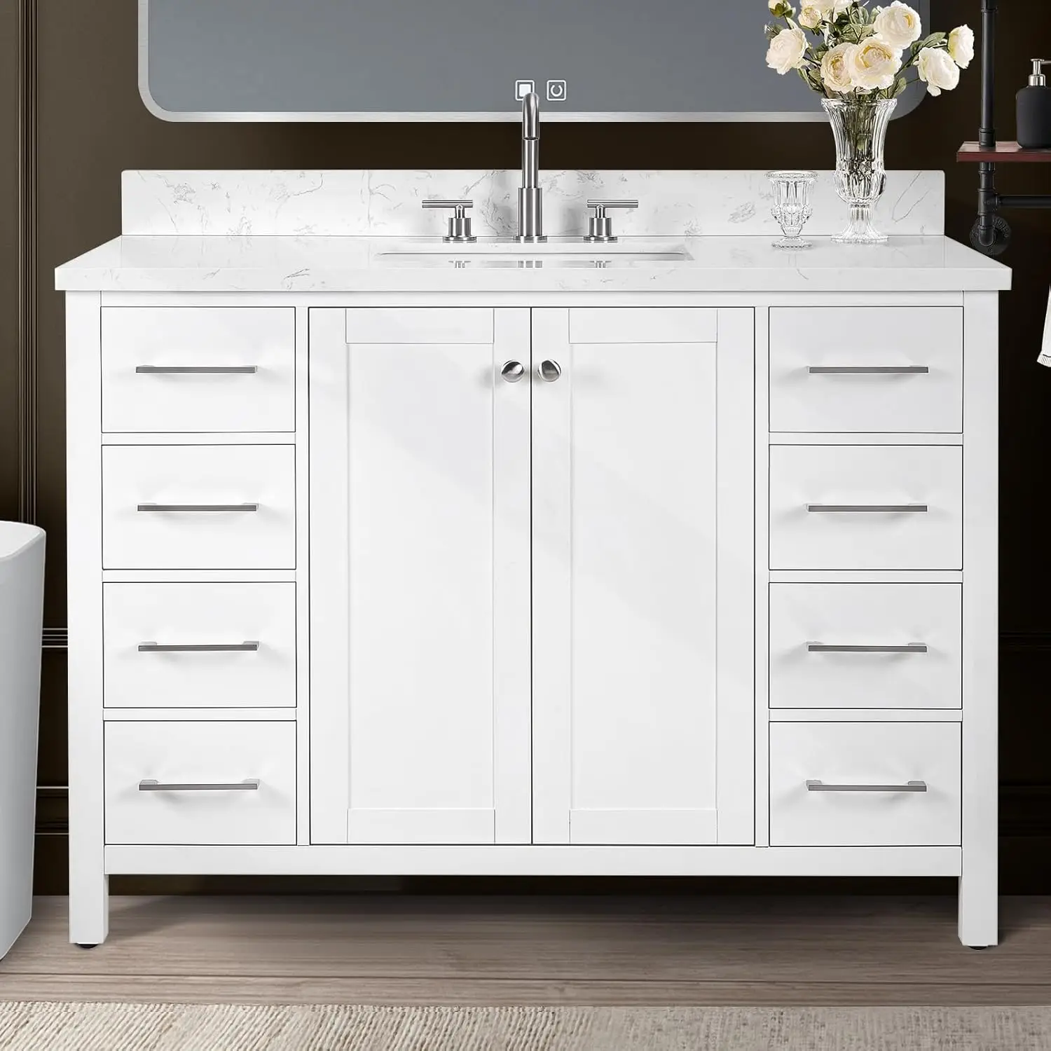 48in White Solid Wood Bathroom Vanity Cabinet Carrara Marble Top Undermount Sink Soft Close Doors 8 Drawers, Customized
48in White Solid Wood Bathroom Vanity Cabinet Carrara Marble Top Undermount Sink Soft Close Doors 8 Drawers, Customized