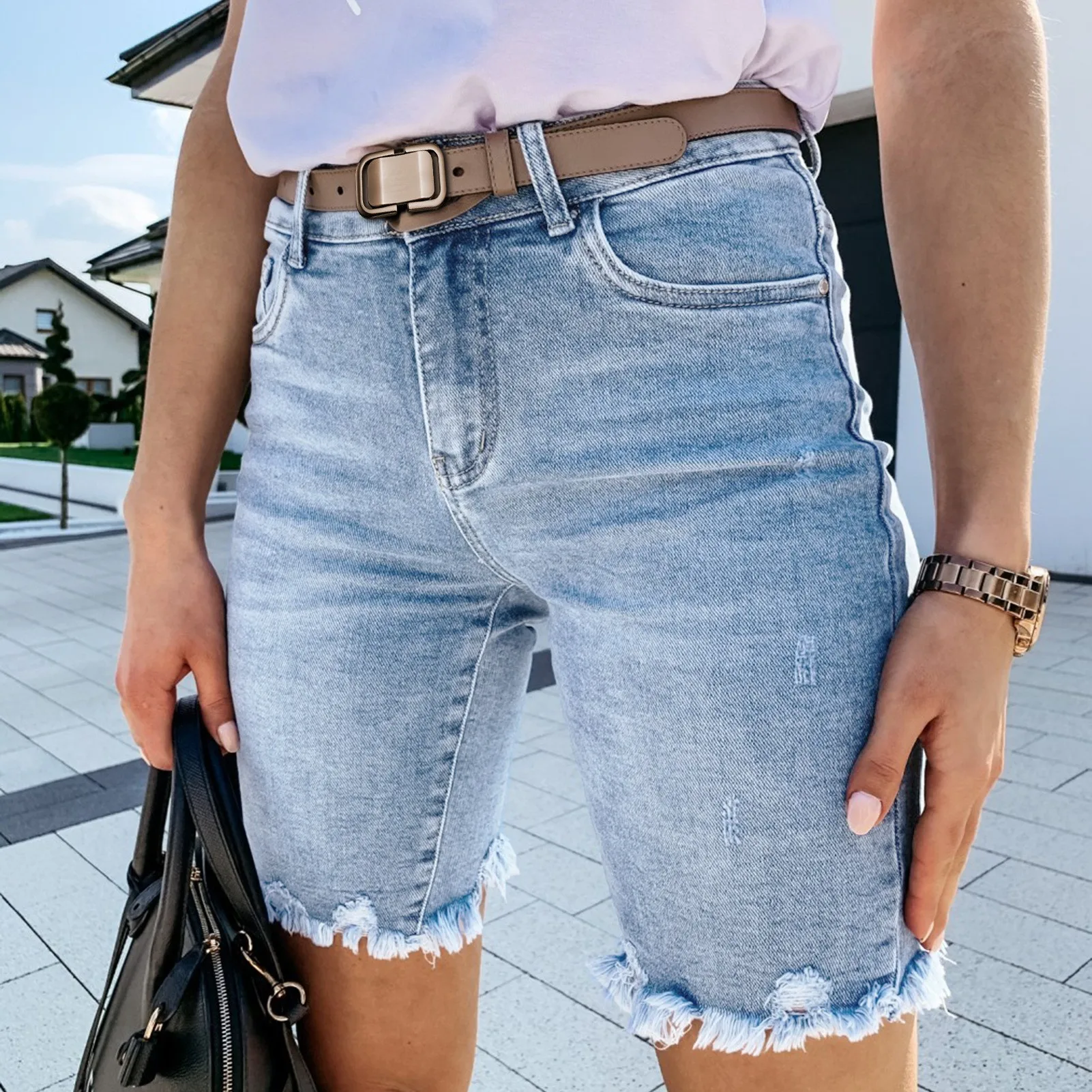 Summer Women's Clothing Distressed Frayed Hem Y2K Street Style Denim Shorts For Woman High Waist Straight Leg Polyester Fabric
Summer Women's Clothing Distressed Frayed Hem Y2K Street Style Denim Shorts For Woman High Waist Straight Leg Polyester Fabric