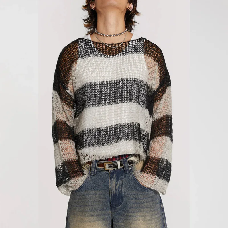 Color Matching Hollow Knitted Sweater Thin Striped Round Neck Long-sleeved Knitted Sweater Loose Versatile Sweater
Color Matching Hollow Knitted Sweater Thin Striped Round Neck Long-sleeved Knitted Sweater Loose Versatile Sweater