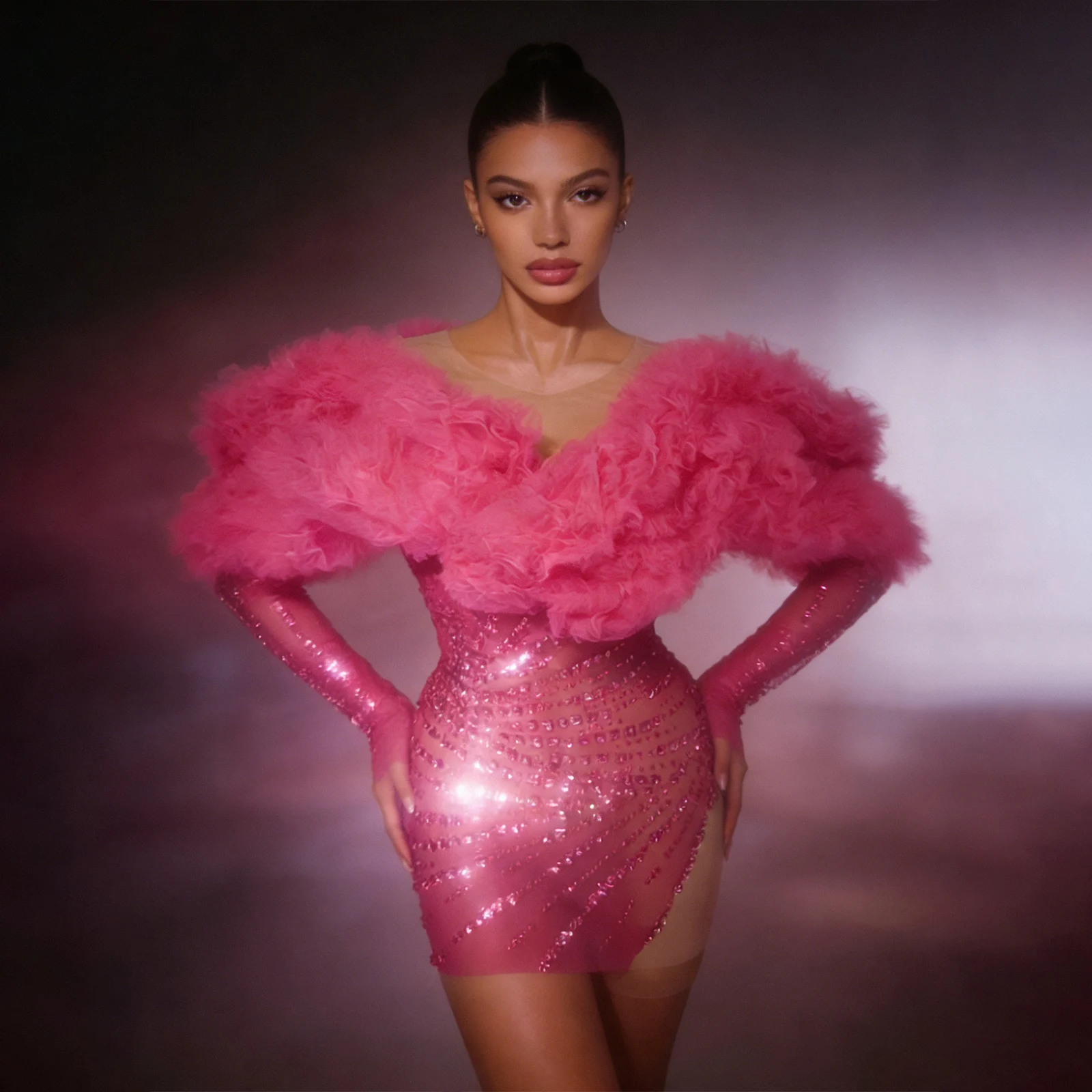 Sexy women's pink long-sleeved see-through mesh mini dress sparkly rhinestones birthday party costumes bar club singer Carnival
Sexy women's pink long-sleeved see-through mesh mini dress sparkly rhinestones birthday party costumes bar club singer Carnival