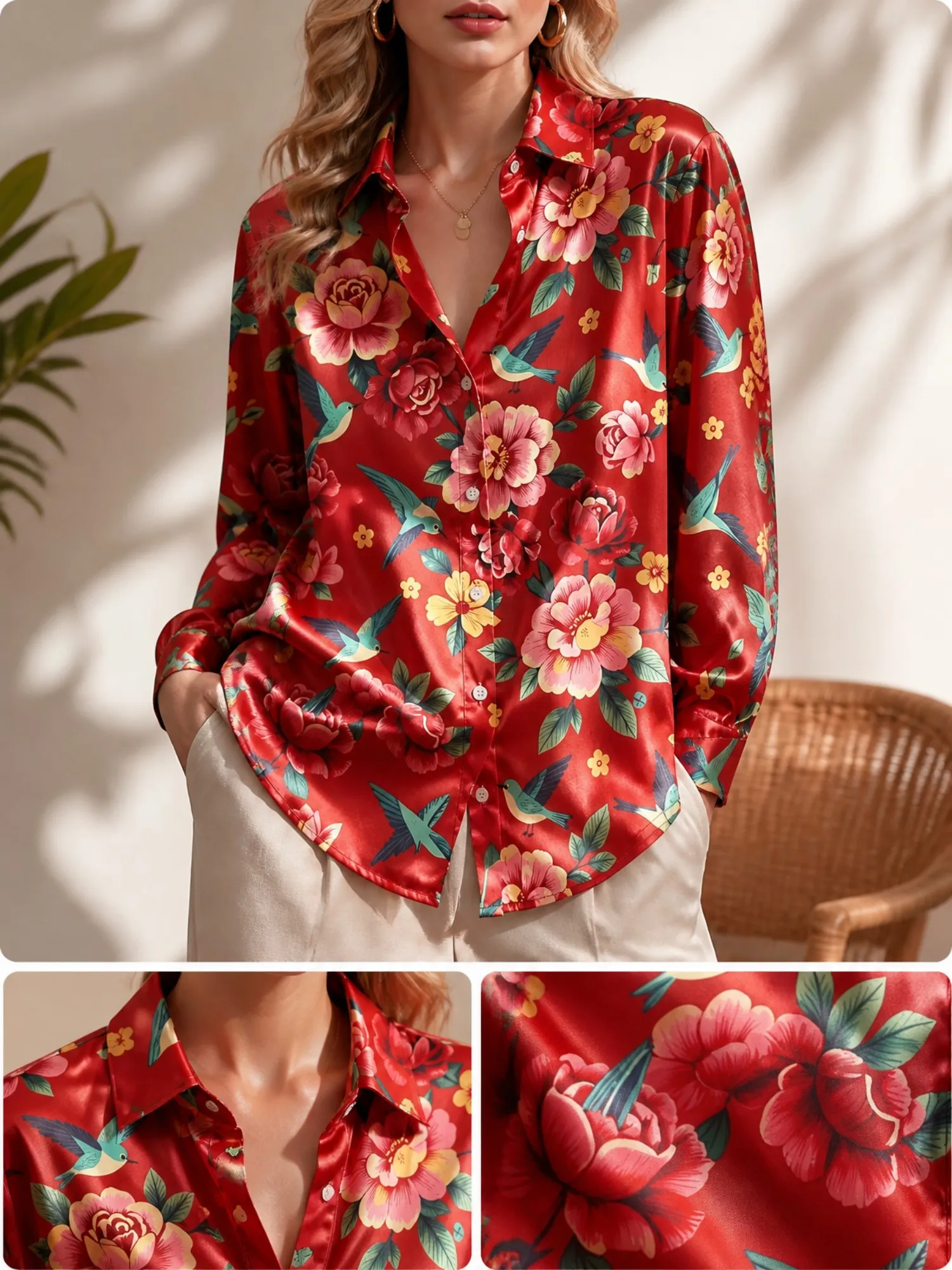 Red Hummingbird Floral Satin Blouse for Women Long Sleeve Button Down Shirt Garden Vacation Elegant Silky Top New Chic Wear New
Red Hummingbird Floral Satin Blouse for Women Long Sleeve Button Down Shirt Garden Vacation Elegant Silky Top New Chic Wear New
