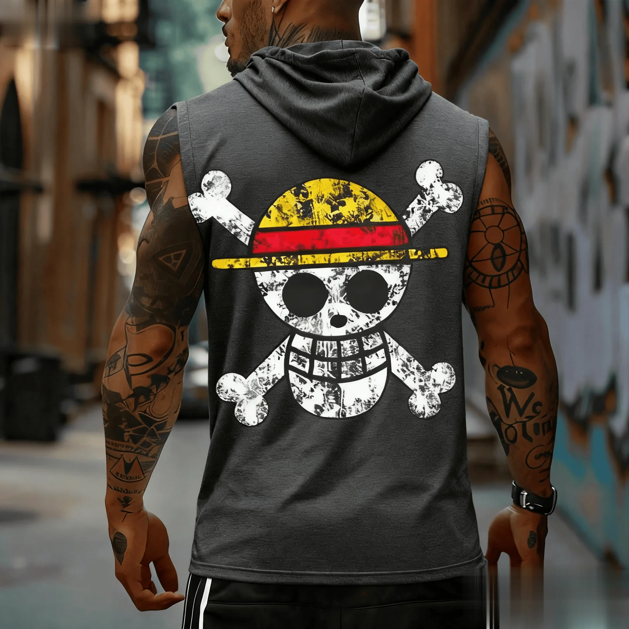 Цельный аниме-мужской топ на бретелях с графическим принтом, без рукавов, с капюшоном, спортивный жилет, летняя модная уличная рубашка с мышцами, повседневная одежда для фитнеса 
Цельный аниме-мужской топ на бретелях с графическим принтом, без рукавов, с капюшоном, спортивный жилет, летняя модная уличная рубашка с мышцами, повседневная одежда для фитнеса