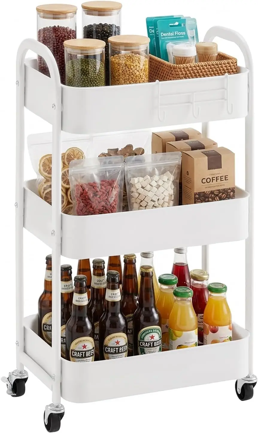 3-Tier Rolling Utility Cart with Wheels, Easy Assembly for Kitchen and Bathroom in White
3-Tier Rolling Utility Cart with Wheels, Easy Assembly for Kitchen and Bathroom in White
