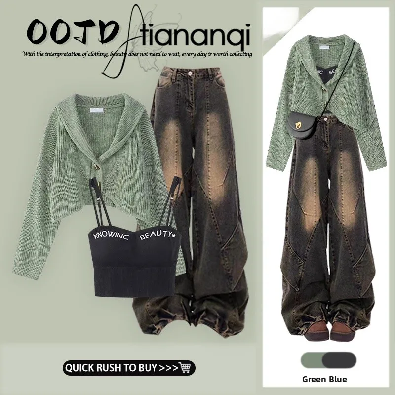 2026 New Korean Style Short Knitted Sweater Long Sleeve Vintage Denim Three Piece Set White Vest Retro Look for Women
2026 New Korean Style Short Knitted Sweater Long Sleeve Vintage Denim Three Piece Set White Vest Retro Look for Women