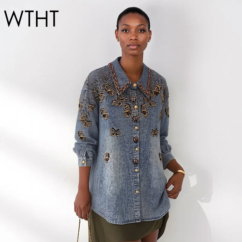 WTHT Trendy Summer 2026 Women Diamonds Embroidery Butterfly Design Denim Shirt Vintage Stand Collar Loose Blouse Female 1LS3051
WTHT Trendy Summer 2026 Women Diamonds Embroidery Butterfly Design Denim Shirt Vintage Stand Collar Loose Blouse Female 1LS3051